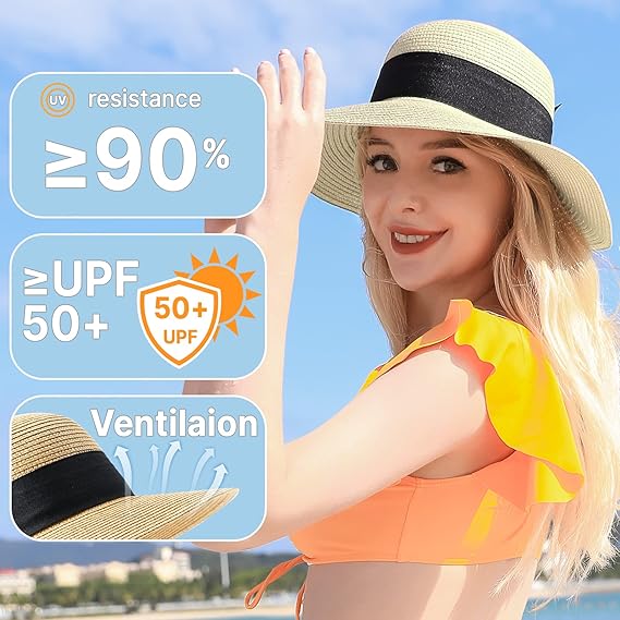 Beach Sun Straw Hats for Women, UPF 50+ UV Sun Protection Wide Brim Summer Straw Hat Foldable Packable Roll up Cap