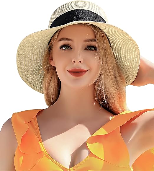 Beach Sun Straw Hats for Women, UPF 50+ UV Sun Protection Wide Brim Summer Straw Hat Foldable Packable Roll up Cap