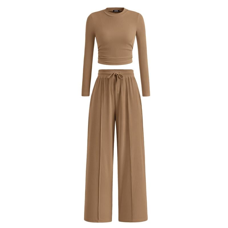 Woman's 2-Piece Ribbed Knit Long Sleeve Crop Top Wide Leg Pants Matching Lounge Set Loungewear[Buy 2 Free Shipping]