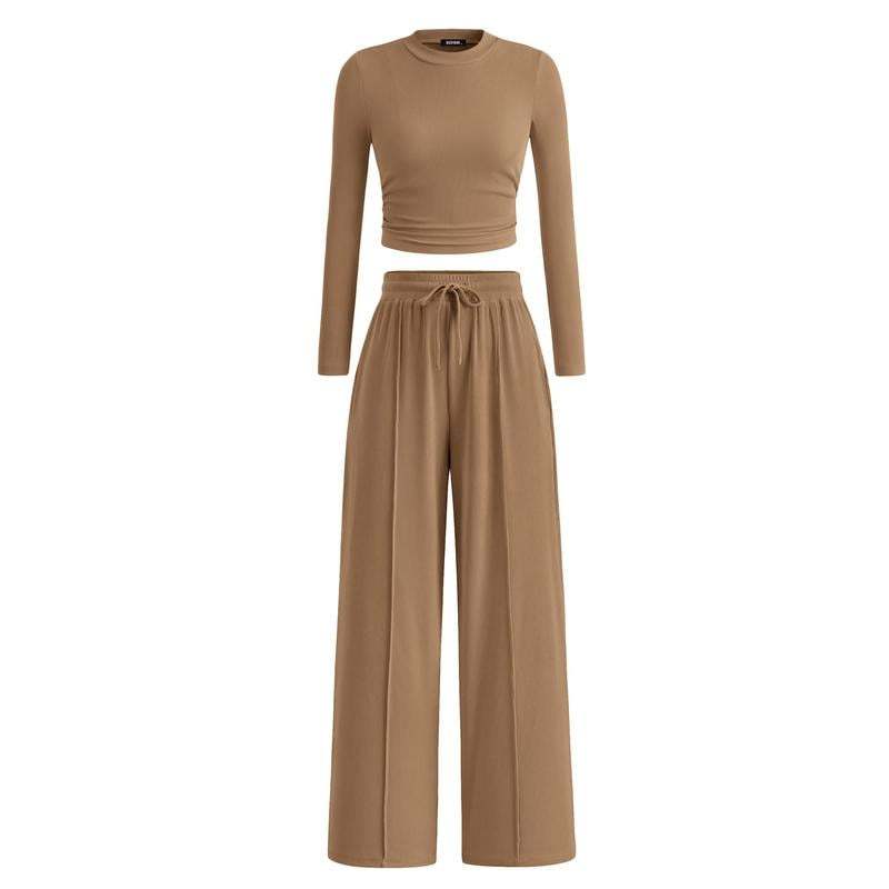 Woman's 2-Piece Ribbed Knit Long Sleeve Crop Top Wide Leg Pants Matching Lounge Set Loungewear[Buy 2 Free Shipping]