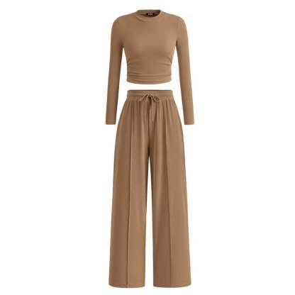 Woman's 2-Piece Ribbed Knit Long Sleeve Crop Top Wide Leg Pants Matching Lounge Set Loungewear[Buy 2 Free Shipping]