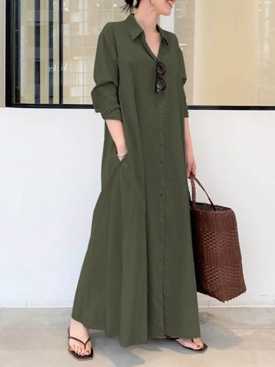 Women's Summer Solid Color Casual Loose Elegant V-Neck Cotton And Linen Pocket Shirt Dress