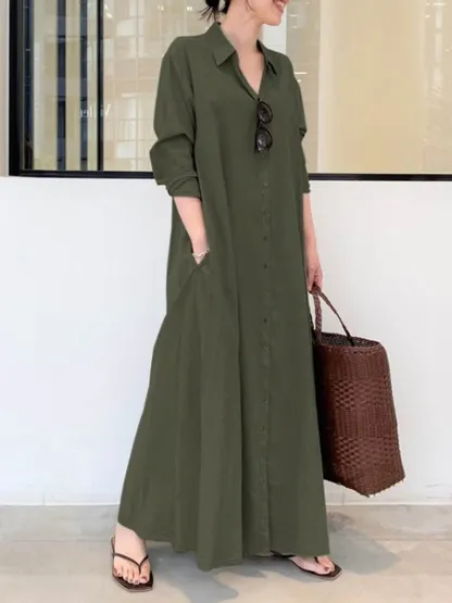 Women's Summer Solid Color Casual Loose Elegant V-Neck Cotton And Linen Pocket Shirt Dress