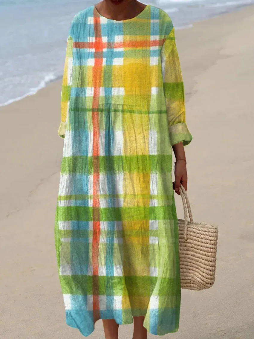 Women's Vintage Plaid Abstract Art Print Casual Dress