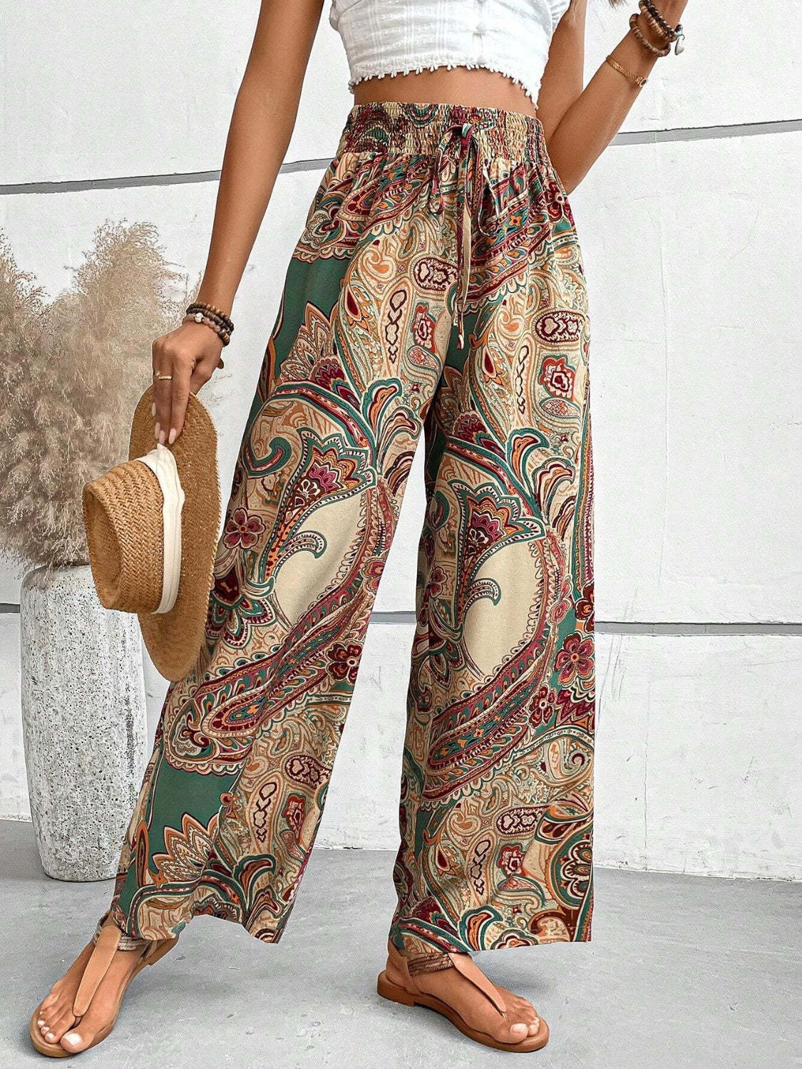 Vintage Print Wide-Leg Pants for Women - Casual Spring/Summer Style