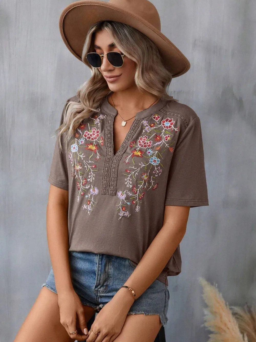 Hazel Blues® |  Embroidered Notched Short Sleeve T-Shirt