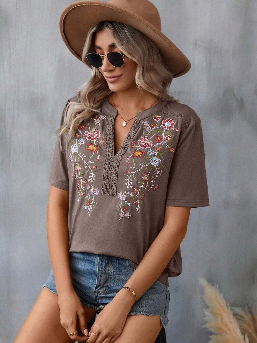 Hazel Blues® |  Embroidered Notched Short Sleeve T-Shirt