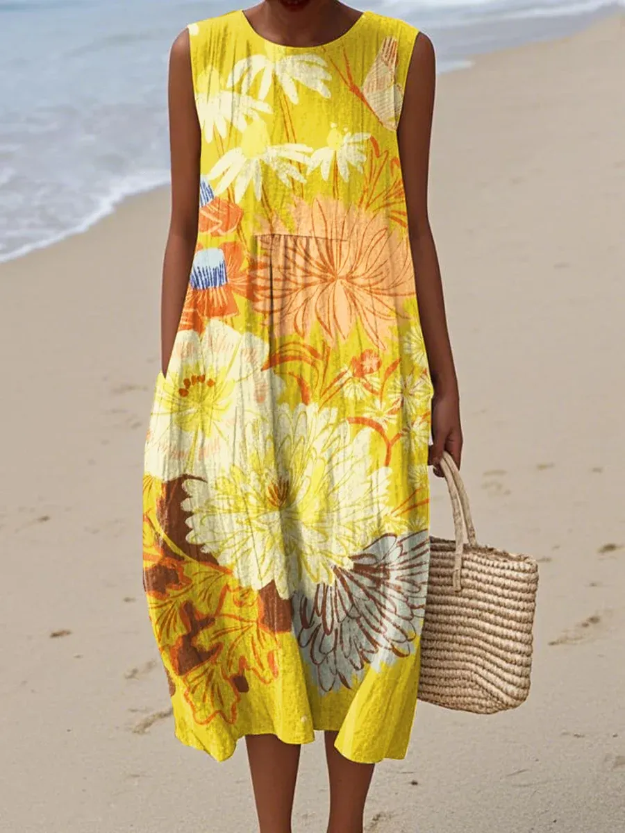 Women's Vintage Abstract Geometric Art Print Sleeveless Cotton Pocket 