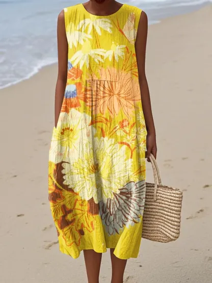 Women's Vintage Abstract Geometric Art Print Sleeveless Cotton Pocket Wrap Dress-Series4