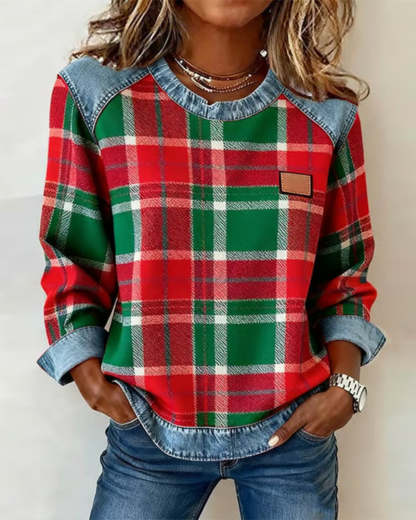 🔥Women's Casual Round Neck Denim Patchwork Pullover Sweatshirt