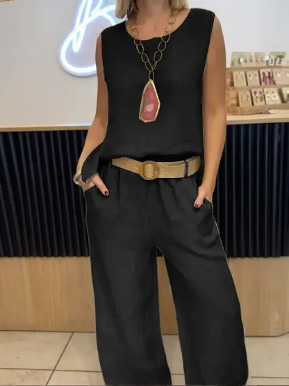 Women's Casual Solid Color Round Neck Vest Trousers Cotton and Linen Two-piece Set