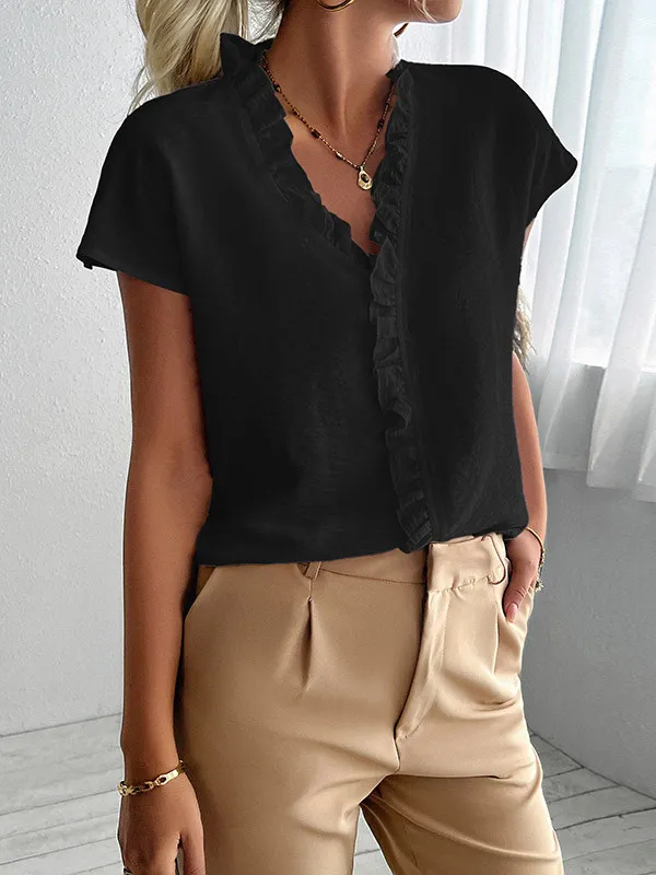 Ruffle Trim Solid Color Loose Short Sleeves V-Neck Blouses&Shirts Tops