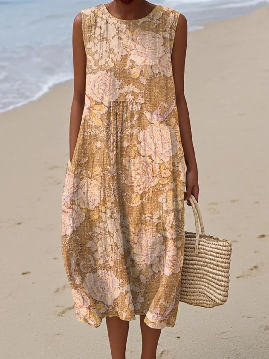 Women's Vintage Abstract Geometric Art Print Sleeveless Cotton Pocket Wrap Dress-Series5