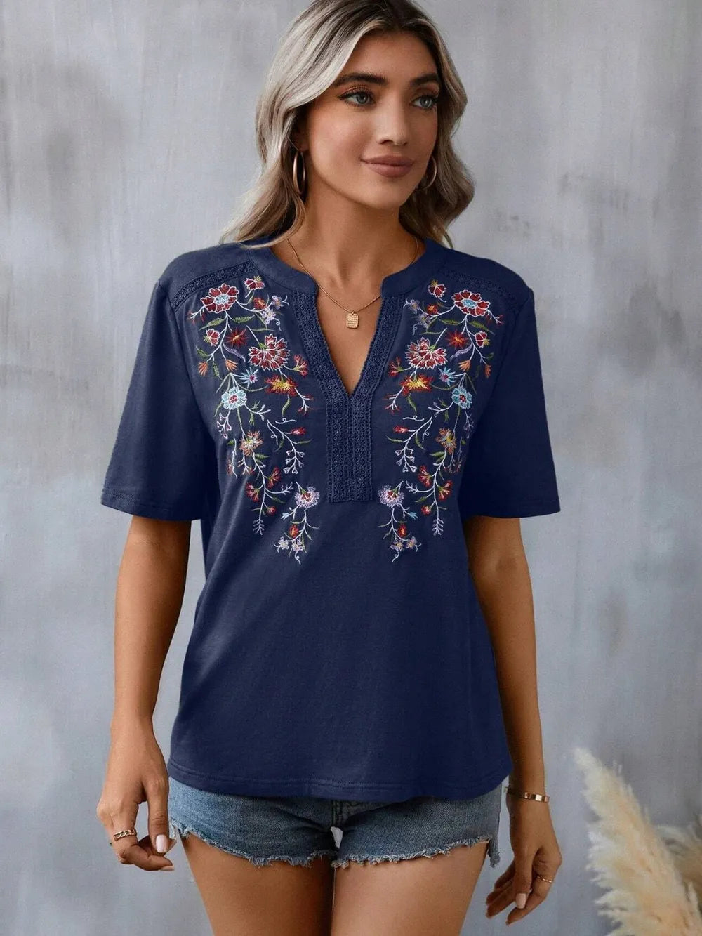 Hazel Blues® |  Embroidered Notched Short Sleeve T-Shirt