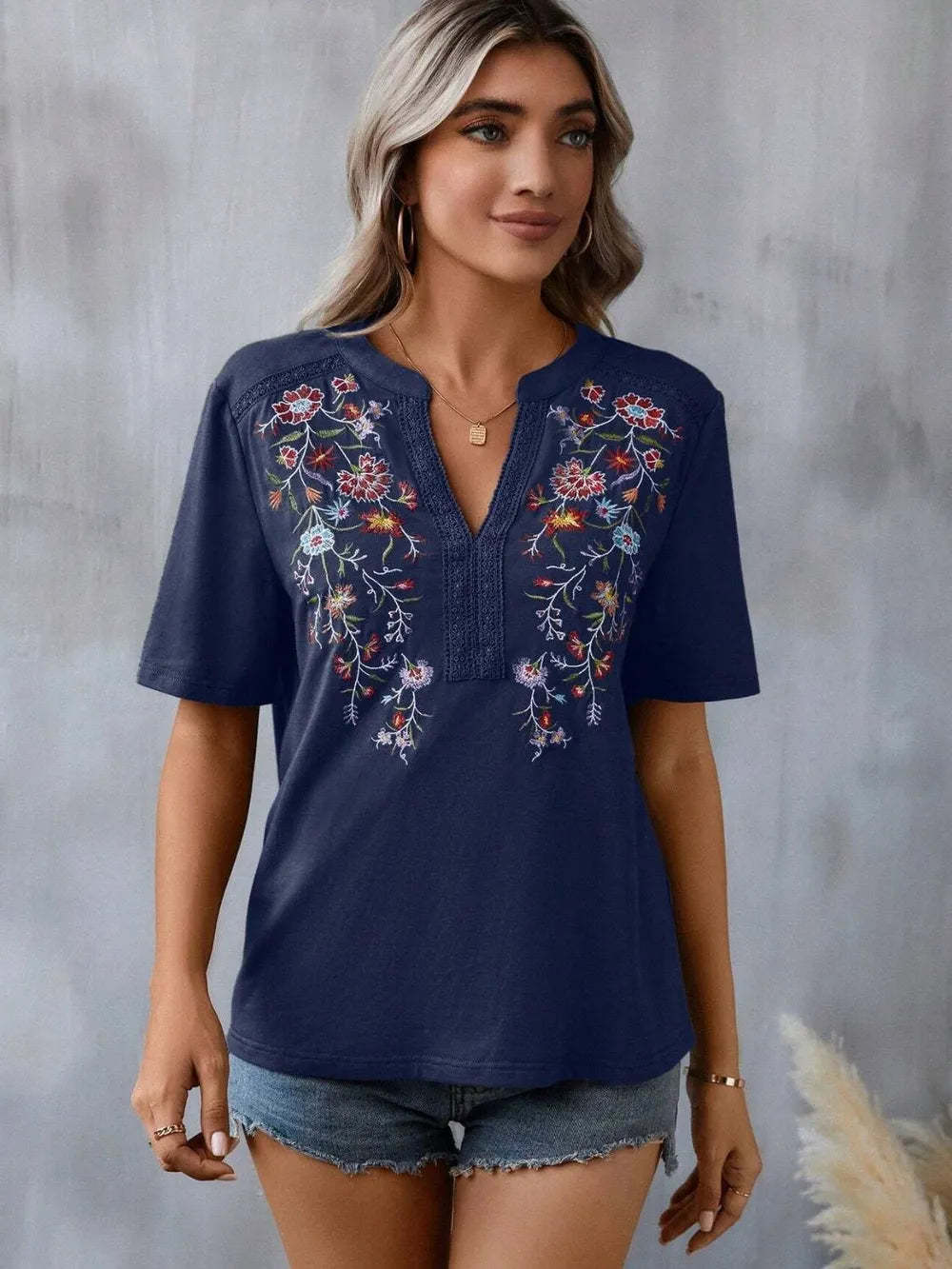 Hazel Blues® |  Embroidered Notched Short Sleeve T-Shirt