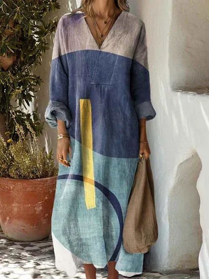 Women's Cotton linen Abstract Geometric Pattern Art Print Dress
