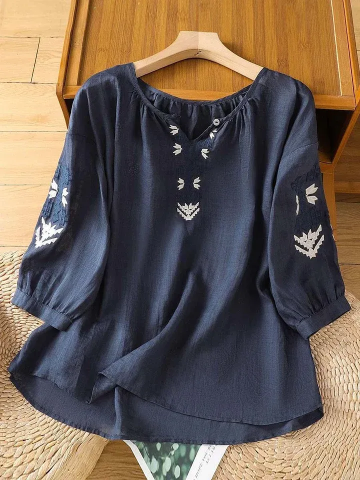 Women's Solid Color V-neck 3/4 sleeves Positioning Embroidery Casual Cotton And Linen Tops
