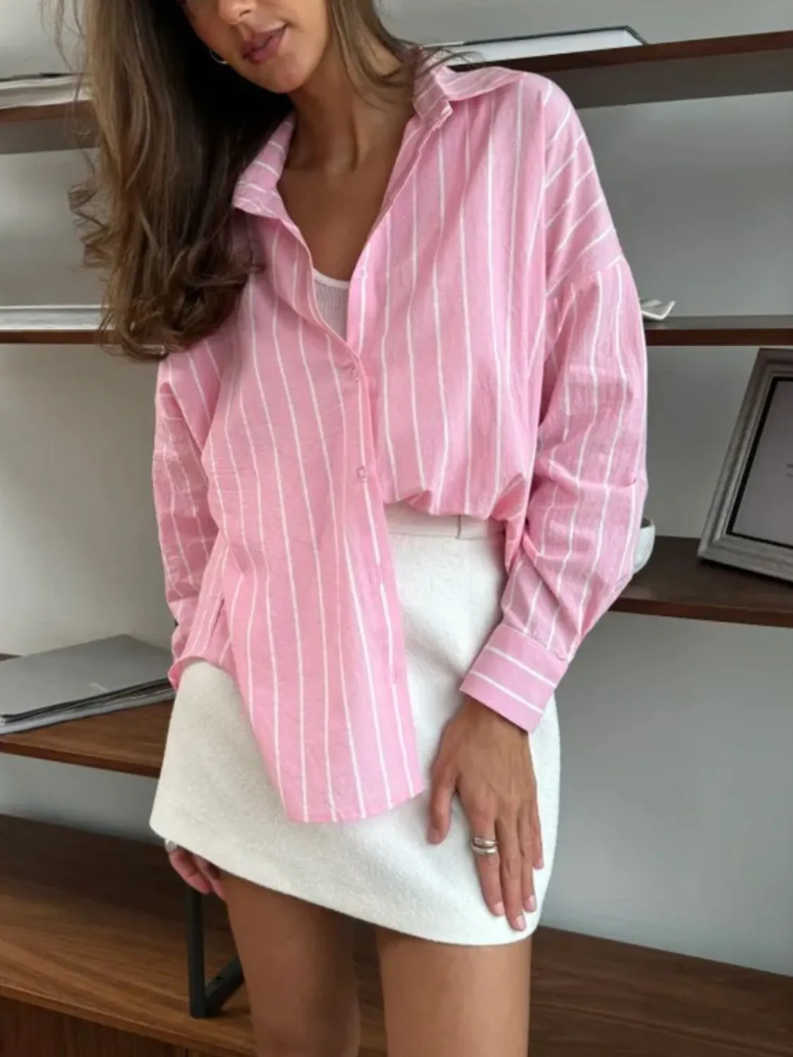 Striped Collared Neck Long Sleeve Shirt