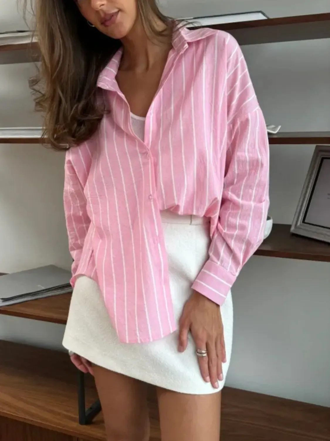 Striped Collared Neck Long Sleeve Shirt