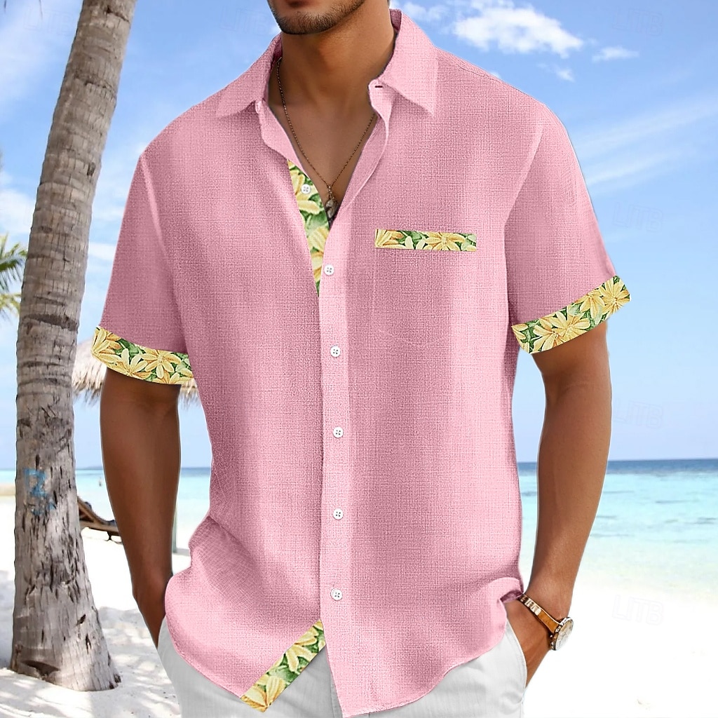 Men's Shirt Linen Shirt Summer Shirt Beach Shirt Untucked Shirts Plaid Vacation Holiday Light Green Pink Green Light Blue Short Sleeve Collar Summer Clothing Apparel 2025 - $26.99 –P5