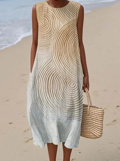 Women's Vintage Abstract Geometric Art Print Sleeveless Cotton Pocket Wrap Dress-Series5