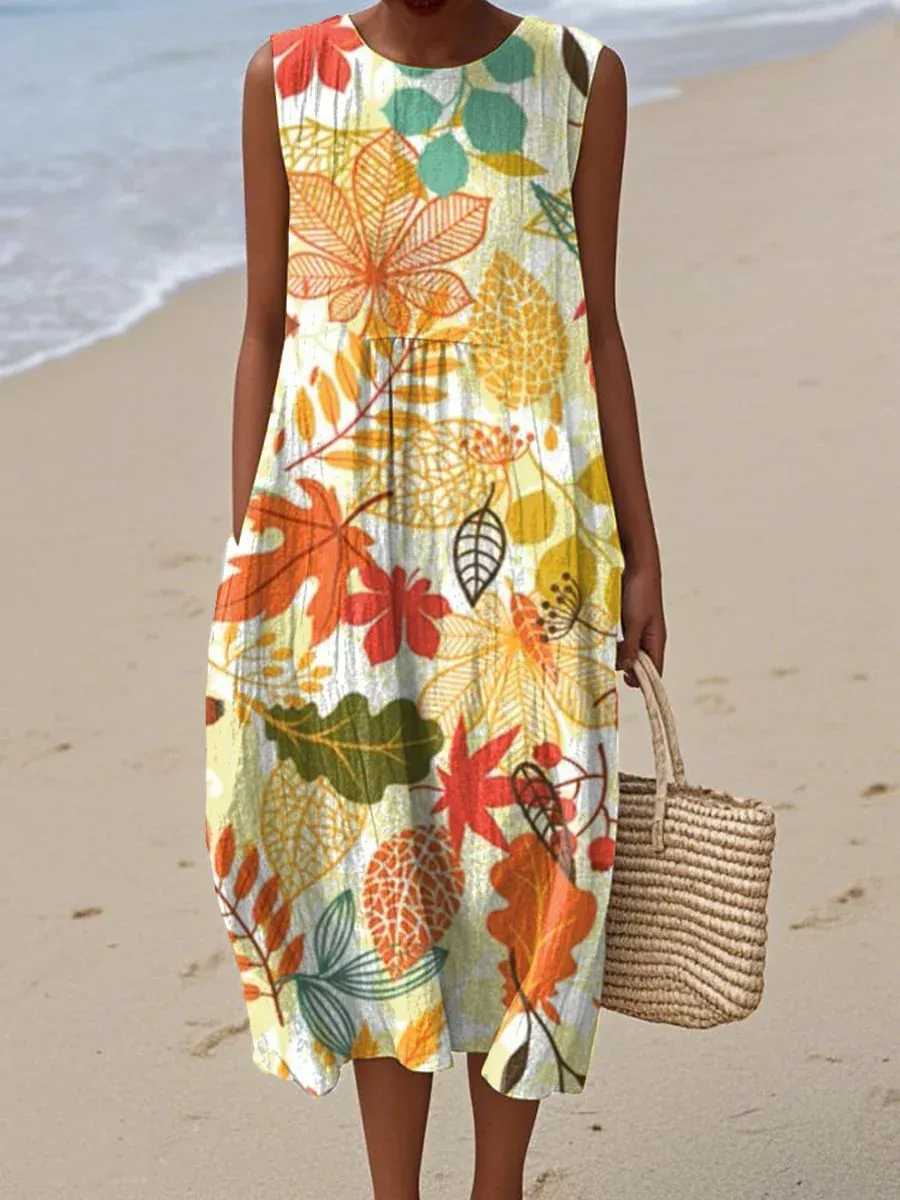 Women's Abstract Art Geometric Lines Print Sleeveless Cotton Pocket Wrap Dress