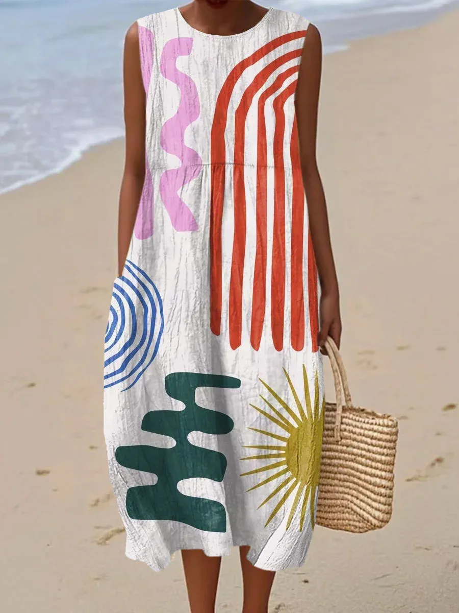 Women's Vintage Abstract Geometric Art Print Sleeveless Cotton Pocket Wrap Dress