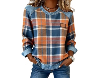 🔥Women's Casual Round Neck Denim Patchwork Pullover Sweatshirt