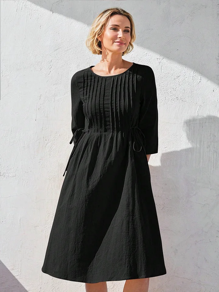 Women's Solid Color Round Neck Three-quarter Sleeve Drawstring Casual Cotton and Linen Dress