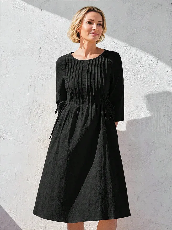 Women's Solid Color Round Neck Three-quarter Sleeve Drawstring Casual Cotton and Linen Dress