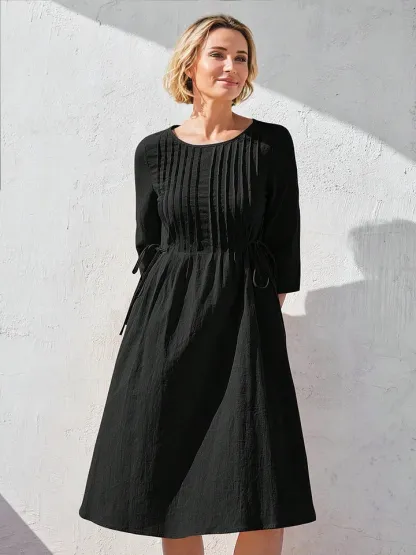 Women's Solid Color Round Neck Three-quarter Sleeve Drawstring Casual Cotton and Linen Dress