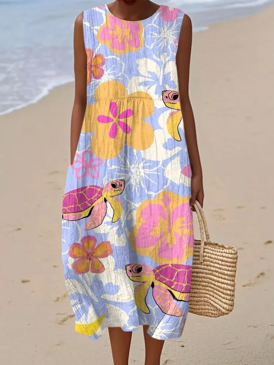 Women's Vintage Abstract Geometric Art Print Sleeveless Cotton Pocket Wrap Dress