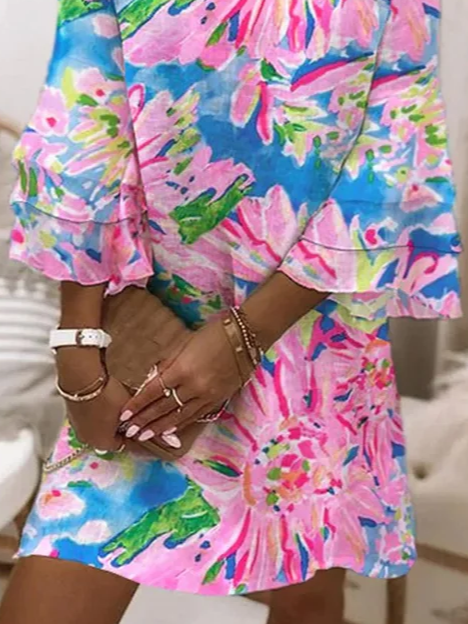 Women's Floral Half Sleeve Summer Printing Dress V Neck Daily Casual Midi Classic H-Line Dress
