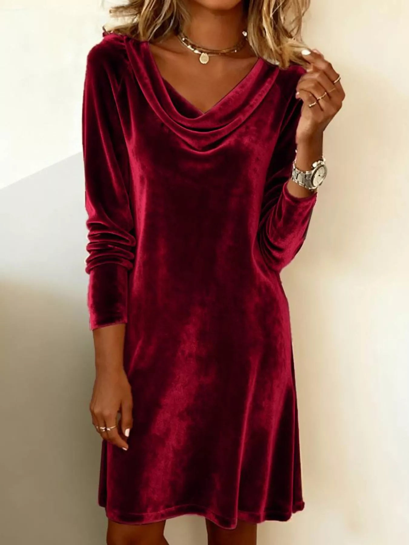  Elegant Velvet Cowl Neck Long Sleeve Mini Dress