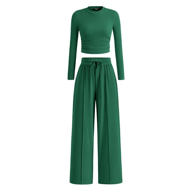 Woman's 2-Piece Ribbed Knit Long Sleeve Crop Top Wide Leg Pants Matching Lounge Set Loungewear[Buy 2 Free Shipping]