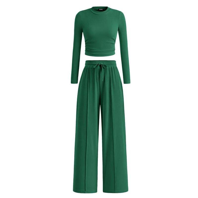 Woman's 2-Piece Ribbed Knit Long Sleeve Crop Top Wide Leg Pants Matching Lounge Set Loungewear[Buy 2 Free Shipping]