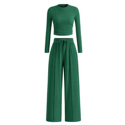 Woman's 2-Piece Ribbed Knit Long Sleeve Crop Top Wide Leg Pants Matching Lounge Set Loungewear[Buy 2 Free Shipping]