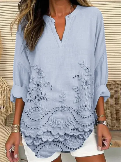 Floral Lace Embroidered Linen Blend Cozy Shirt