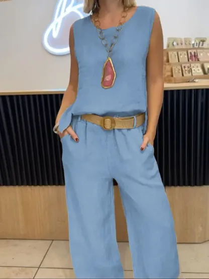 Women's Casual Solid Color Round Neck Vest Trousers Cotton and Linen Two-piece Set