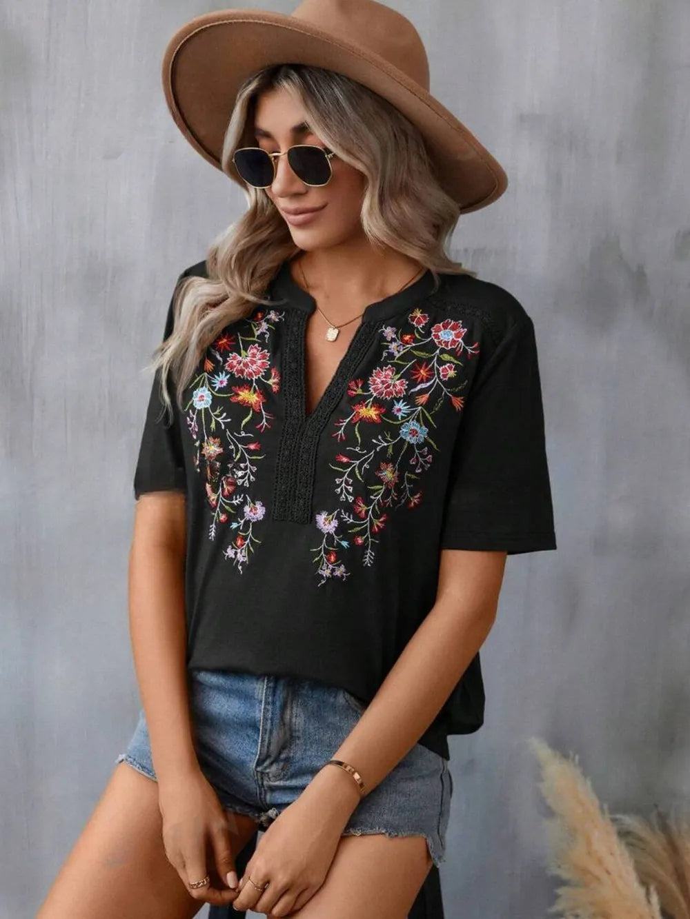 Hazel Blues® |  Embroidered Notched Short Sleeve T-Shirt