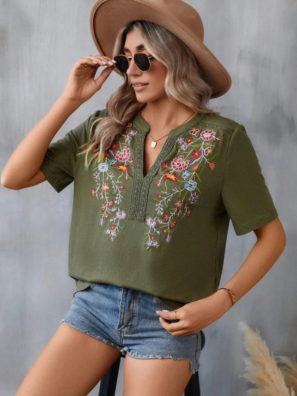 Hazel Blues® |  Embroidered Notched Short Sleeve T-Shirt