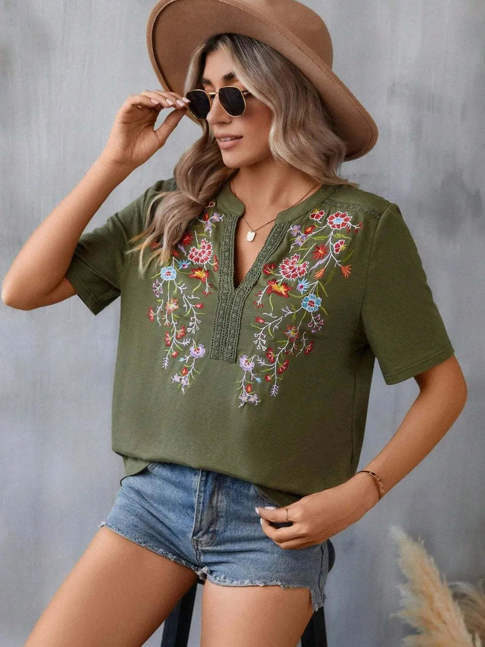 Hazel Blues® |  Embroidered Notched Short Sleeve T-Shirt