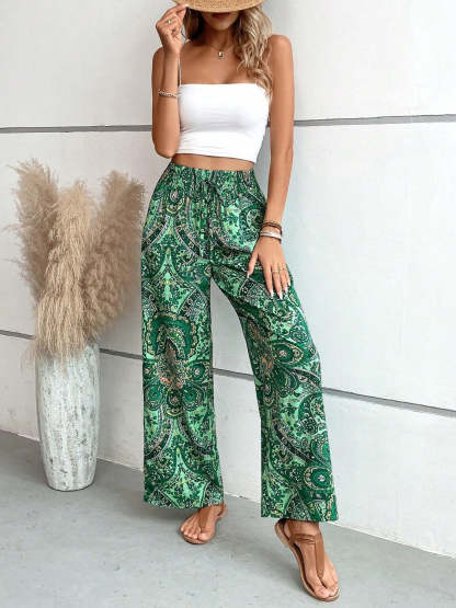 Vintage Print Wide-Leg Pants for Women - Casual Spring/Summer Style
