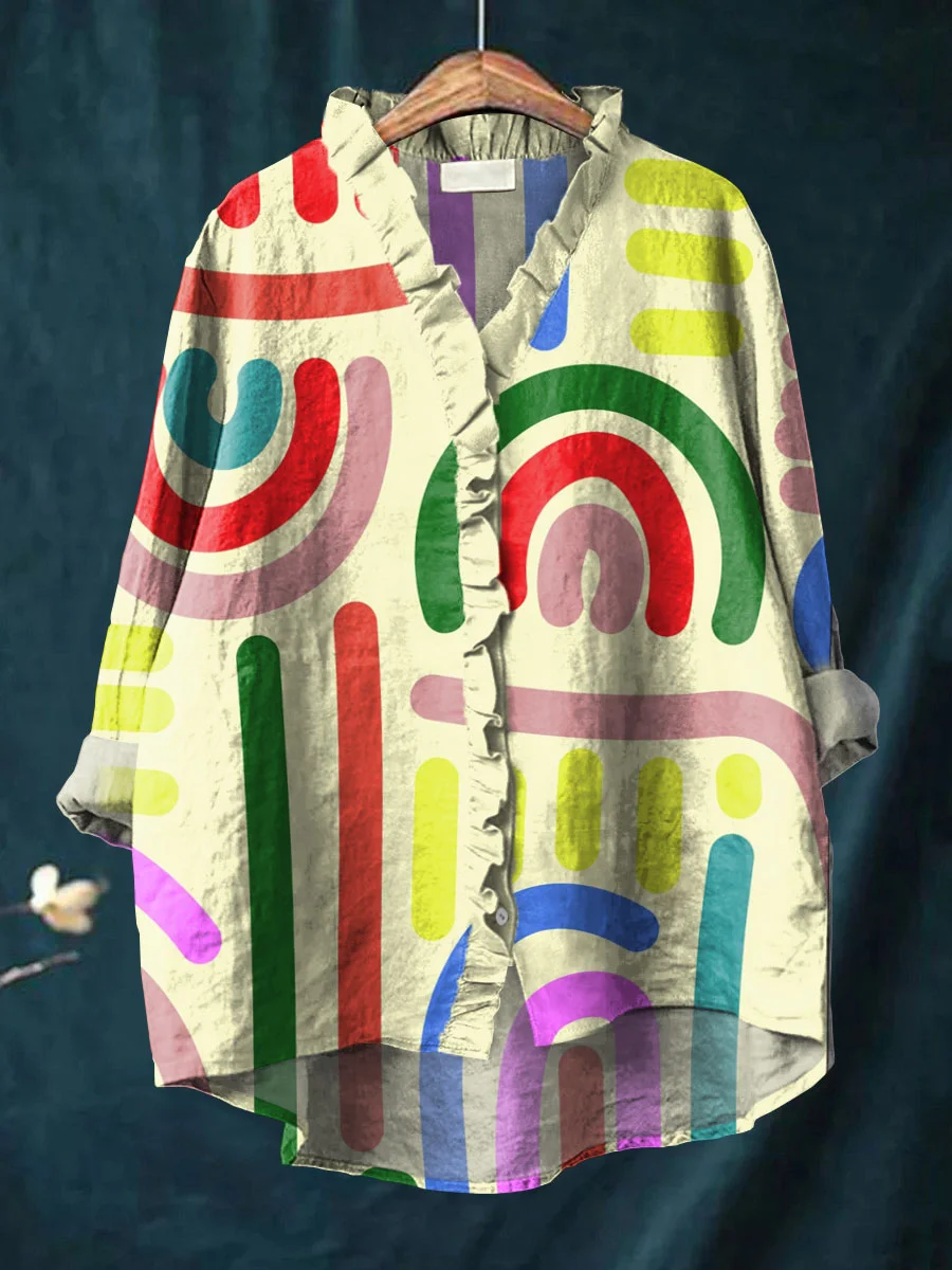 Women's Vintage Floral Art Print Casual Cotton And Linen Ruffle Shirt