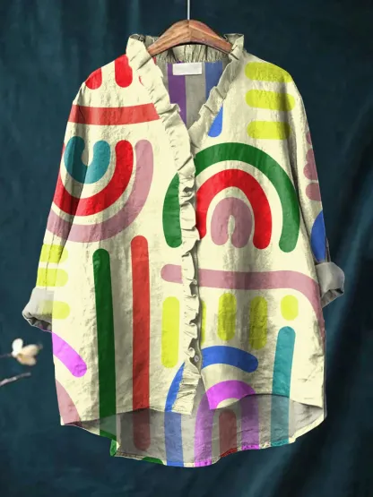 Women's Vintage Floral Art Print Casual Cotton And Linen Ruffle Shirt