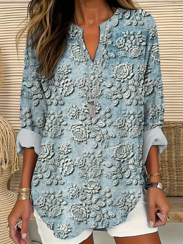 Floral Lace Embroidered Linen Blend Cozy Shirt