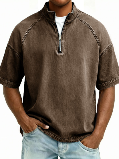 Men's Retro Distressed Stand Collar Zipper Short-Sleeve Top