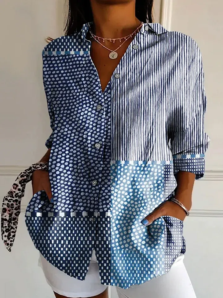 Women's Vintage Abstract Floral Art Print Linen V-Neck Shirt