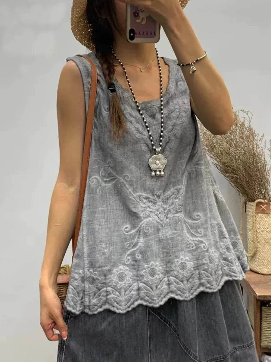 Women's Round Neck Sleeveless Casual Cotton And Linen Embroidered Top