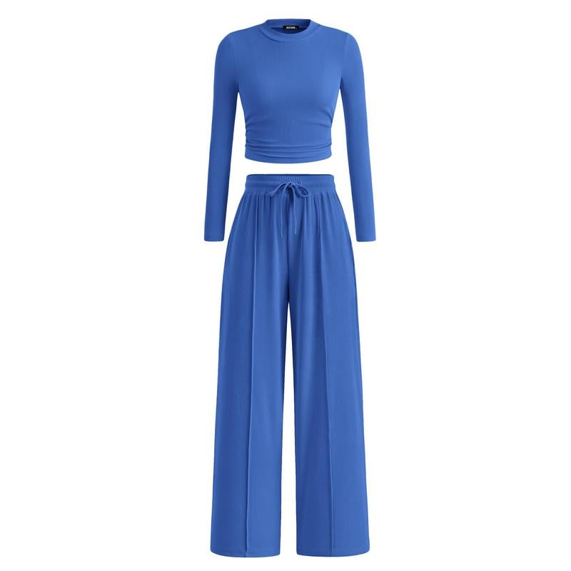 Woman's 2-Piece Ribbed Knit Long Sleeve Crop Top Wide Leg Pants Matching Lounge Set Loungewear[Buy 2 Free Shipping]
